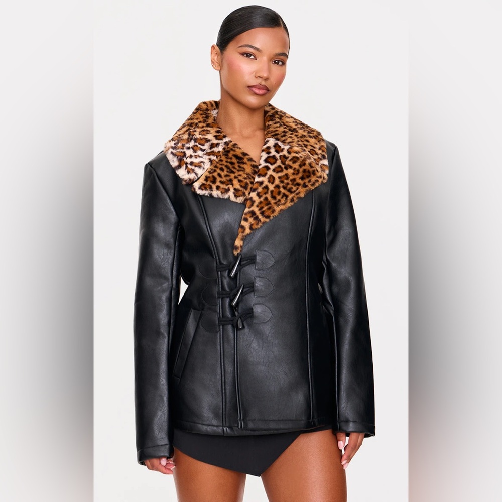 PLT Black faux leather faux fur leopard trim bomber jacket